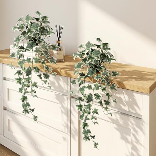 Fake Ivy Hanging Plant - Artificial Plants Indoor with Pots Set of 2, Fake Potted Plants for Outdoor, Silk Faux Greenery Pothos for Wall Tabletop Desk Decor, White Green 33In by Unknown