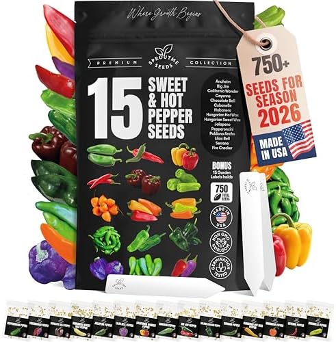 Sweet & Hot Pepper Seeds Variety Pack – 15 Varieties Mixed Heat Garden Collection, Jalapeno, Habanero, Cayenne, Serrano & Bell Types, 750+ Non-GMO Heirloom Seeds for Indoor & Outdoor Planting by SproutMeSeeds