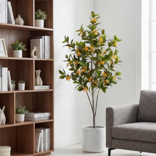 Daifunli 5ft Artificial Flower Tree Indoor Faux Osmanthus Tree Realistic Osmanthus Plants in Pot with Orange Flowers Lifelike Fake Floor Plant for Indoor Outdoor Home Living Room Office Wedding - Image 4