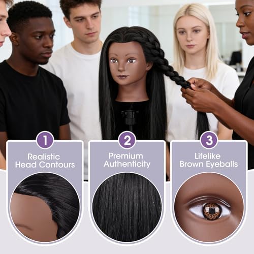 Mannequin Head with 80% Real Hair, 26" Styling Training Head Cosmetology Mannequin Head, Practice Training Doll Head with Clamp Holder and Tools (Black) - Image 4