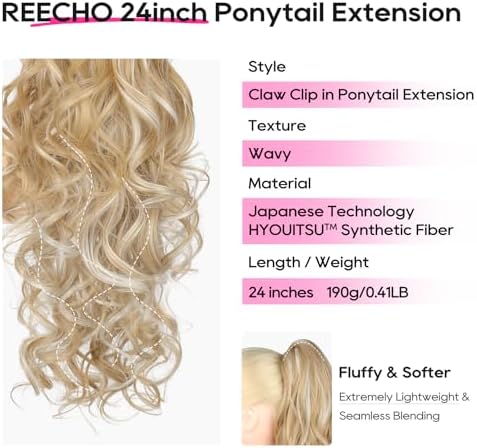 REECHO Ponytail Extension, 24" Claw Clip in Long Curly Wavy Ponytail Hair Extension Jaw Clip on Pony Tails Hairpiece for Women - Medium Blonde with Highlights - Image 2