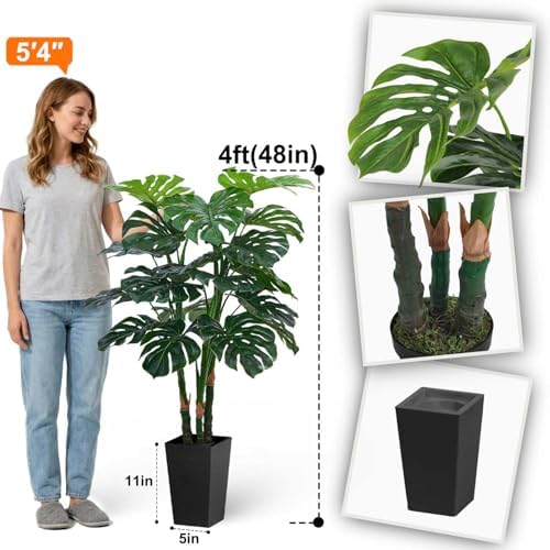 Aveyas 4ft Tall Artificial Monstera Deliciosa Plants, 4 ft Faux Swiss Cheese Plants Fake Silk Tree with Pot for Indoor Outdoor Office House Living Room Home Decor (4 Feet Tall Including Raised Pot) - Image 2