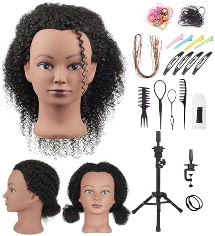 100% Human Hair Mannequin Head Kinky Curly Head Mannequin Real Hair Cosmetology Doll Head for Hair-styling Practice Manikin Training Head With Clamp Stand by Loli+Wang
