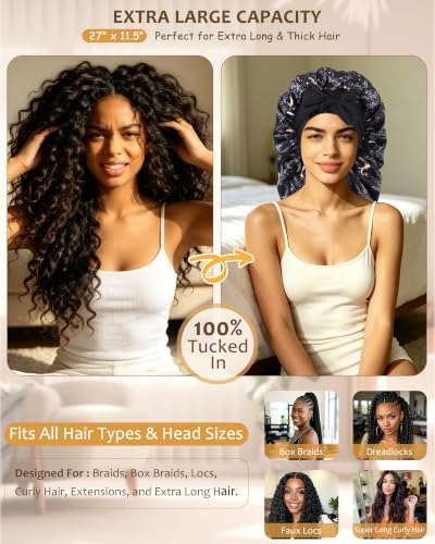 AWAYTR Long Satin Bonnet for Braids - Double Layer Hair Bonnet for Sleeping - Image 2