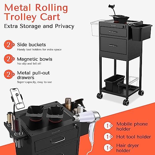 TASALON Wheeled Lockable Metal Salon Cart with Drawers & 2 Magnetic Bowls - Image 3