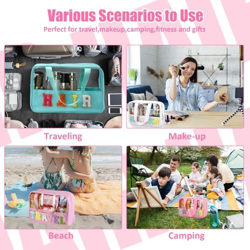 BuyCard Chenille Letter Clear Snack Bags Makeup bag, Preppy Cosmetic Bag, Nylon & PVC Waterproof Travel Pouch with Zipper & Handle, Large Capacity Toiletry Organizer Bag for Women & Girls (Pink) - Image 5