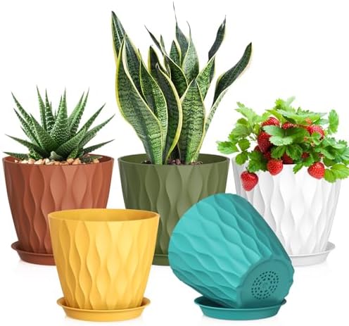 Meowell 7 inch Plant Pots for Indoor Outdoor Plants, 5 Pack Thick Nursery Pots with Drainage Holes and Saucers, 3D Modern Wave Texture Plastic Planter Pots for Flowers and House Plants, Multicolor by Meowell