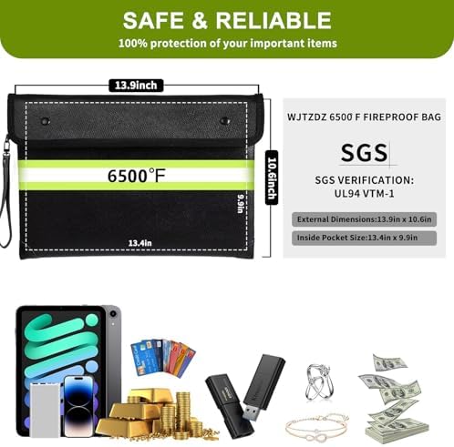 6500°F Fireproof Document Bag, Upgraded Fireproof/Waterproof Money Bag with Zipper/Reflective Strip,Storage Pouch for A4 Letter Size Document,Cash,Cell Phone,Passport - Image 5