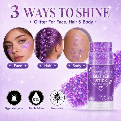 Go Ho Violet Purple Glitter Stick,Hair Face Body Shimmer for Women Kids - Image 2