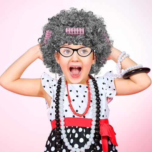 AOTHSO 6 Pieces Old Lady Wig Costume Set Grandma Wig with Cap Cane Pearl Necklace Bracelet for 100 Days of School Halloween - Image 6
