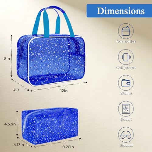 2PCS Clear Star Print Waterproof Makeup Bag, Lagre PVC Cosmetic Pouch with Zipper, Travel Toiletry Organizer for Women, Small Personal Item for Travel, Business Trip, Gym & Daily Use (Dark Blue) - Image 2