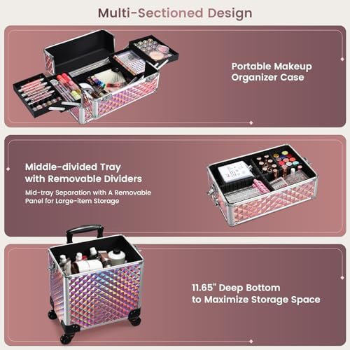 FRENESSA 3 in 1 Rolling Makeup Train Case Cosmetology Case on Wheels Pink - Image 2