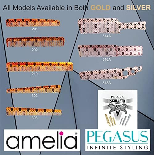 Pegasus Skulleto 518A, 8in Hard Rubber Fine Tooth Barber Clipper Comb, Handmade, Seamless, Smooth Edges, Anti Static, Heat and Chemically Resistant Comb | Peines de goma dura - Gold - Image 5