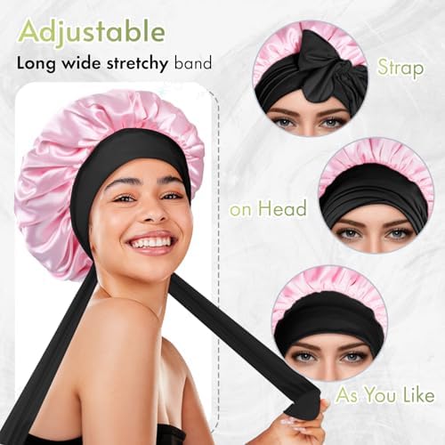 BONNET QUEEN Silk Bonnet for Sleeping Satin Bonnet with Tie Hair Wrap Double Layer Sleep Cap for Women Curly Hair, Black Pink - Image 4