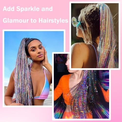 NIACONN Glitter Hair Tinsel Extensions Kit Rainbow Color with Tools and Beads, 48 Inch Sparkly Fairy Colorful Tensile Strands Shiny Hair Accessories for Women Girls Kids - Image 4