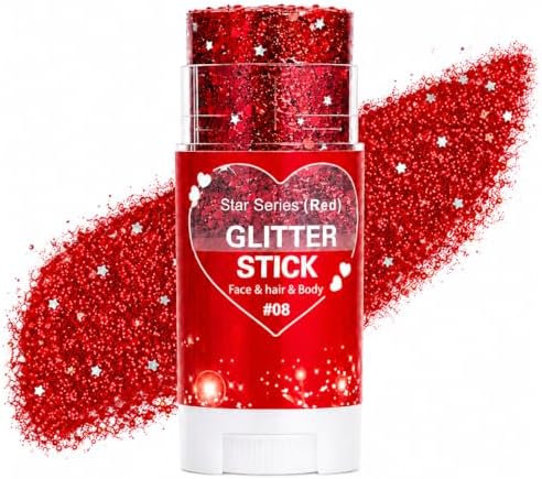 Red Hair Glitter Stick, Face Body Glitter Stick Makeup for Women Girls, School Spirit Week Game Day Cheer Football Accessories, Chunky Shimmer Sequins for Halloween Costume, Concert Festival by Yeweian