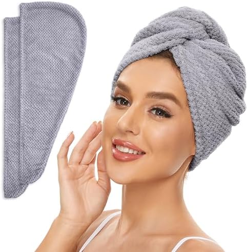 SimpleField 2 Pack Microfiber Hair Towel Wrap for Women, Anti Frizz Quick Drying Hair Turban for All Hair Style, Absorbent and Lightweight (Grey) by SimpleField