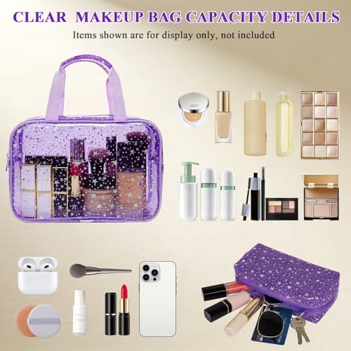 2PCS Clear Star Print Waterproof Makeup Bag, Lagre PVC Cosmetic Pouch with Zipper, Travel Toiletry Organizer for Women, Small Personal Item for Travel, Business Trip, Gym & Daily Use (Purple) - Image 3