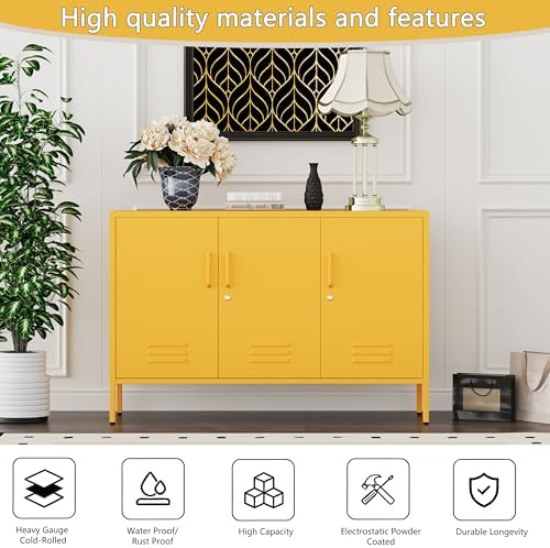 47.5" Wide Yellow Metal Storage Cabinet with Lock and Ventilated Doors, 2 Adjustable Shelves, Heavy Duty Home Metal Accent Locker for Kitchen Office Living Room Hallway - Image 3