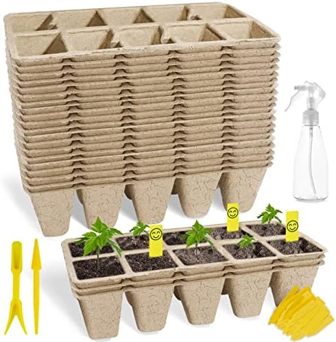 200 Cells Seed Starter Tray, 20 Pack Biodegradable Seed Starter Kit, Peat Pots for Seedlings with 200 Plant Labels, 2 Seed Planting Tool and 1 Spray Bottle by SYITCUN