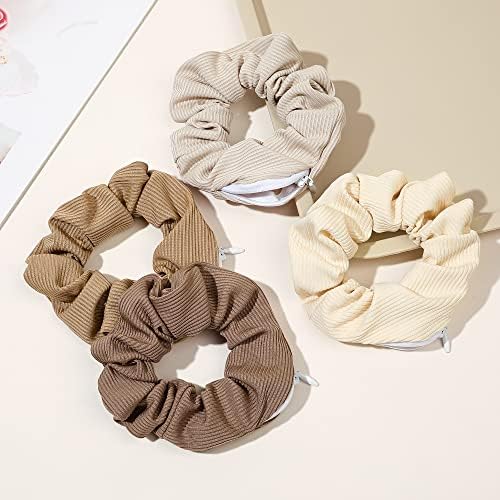 Pocket Scrunchies Hair Ties with Hidden Zipper Scrunchy Ponytail Holder Brown Series - Image 2