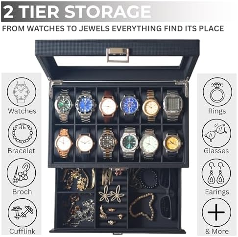 Watch Box for Men 12 Slot with Valet Drawer | 2-Tier Carbon Fiber Watch Case with Glass Lid | Luxury Watch and Jewelry Organizer | Watch Display Case - Ideal Gift for Men Women - Image 4