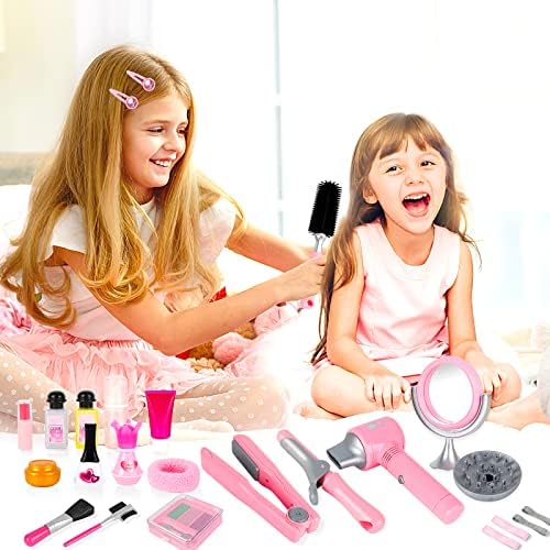 deAO Hair Salon Toys for Girls Beauty Salon Set Kids Pretend Hair Styling Set with Hairdryer, Mirror, Curling Iron and Stylist Accessories for Toddler Makeup Party Christmas (Fake Makeup) - Image 2