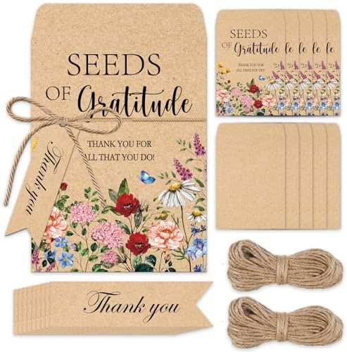 JarThenaAMCS 50 Sets Spring Wildflower Seed Packets Seeds of Gratitude Adhesive Kraft Envelopes Floral Seed Storage Bags with Thank You Tags for Guest Birthday Wedding Party Favors(No Seeds Include) by JarThenaAMCS