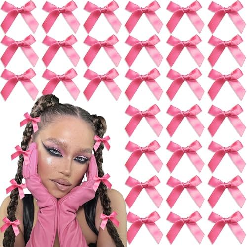 30PCS Bow Hair Clips Hot Pink Mini Hair Bows Kawaii Hair Ribbons Clips Satin Bow Hair Accessories for Women Girls by YAEISM