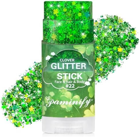 Shamrock Green Face Hair Glitter Stick,Holographic Clover Body Glitter Stick,Green Spirit Accessories for Sport Game Day,Waterproof Halloween Glitter Makeup,St Patricks Day Accessories by PaminifyBeautyMakeup