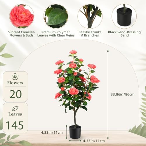 2 Pack 34'' Artificial Camellia Tree with 20 Pink Flowers - Image 4