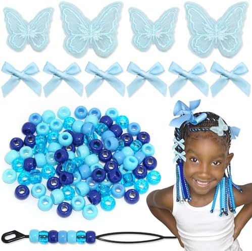 100PCS Hair Beads 2 Sizes Lace Butterfly Hair Clips Mini Hair Bows Hair Beading Tool Set Blue Cute Bow Barrettes Quick Braid Beaders for Kids and Girls by Arocooy