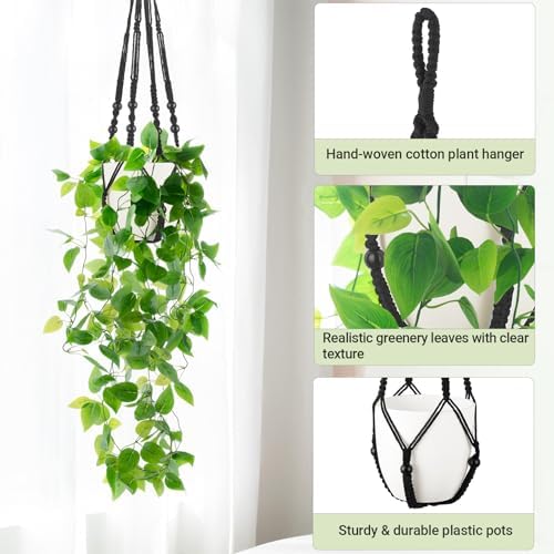 Mkono Fake Hanging Plant, Macrame Hanger with Pothos Vines & Pot, Black - Image 5