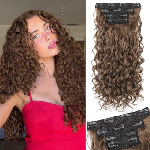 Vigorous Curly Clip In Hair Extensions,4PCS 20 inch Thick Curly Hair Extensions Lace Weft Clip Ins Invisible Natural Synthetic Hairpieces for Women,Light Brown(Z1) by Vigorous