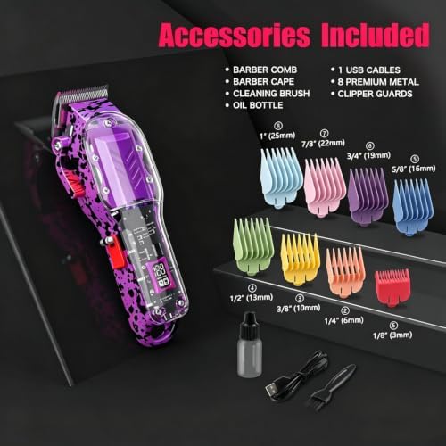 Professional Hair Clippers for Men, Cordless Barber kit for Hair Cutting & Grooming, Hair Clippers Set for Barber Haircut with LED Display 8 Fade Taper Combs(Purple) - Image 2