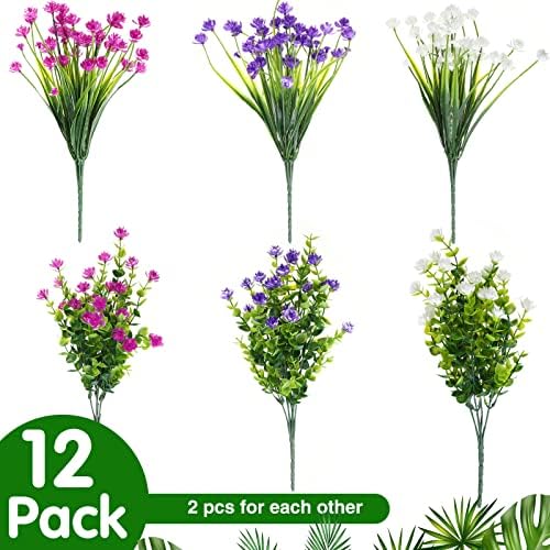 WILLBOND 12 Bundles UV Resistant Faux Flowers, Fuchsia, White, Purple - Image 2