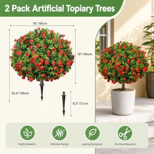 25.6'' Artificial Boxwood Topiary Plants with Red Flowers, 2 Set with Spike - Image 2