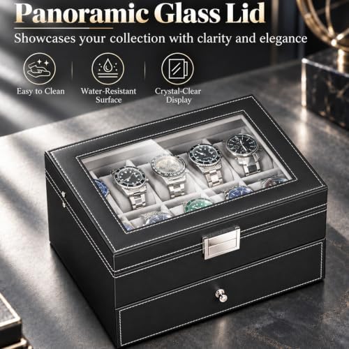 BEWISHOME Watch Case, 20-Slot Watch Box Organizer with Large Glass Lid - Image 4