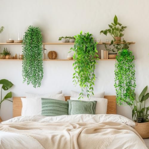 Daifunli 12 Pcs Artificial Hanging Plants Fake Hanging Ferns Plastic Faux Plants for Wall Room Garden Garland Indoor Outdoor Decor No Basket (Eucalyptus,Mandala,String of Pearls,Pea) - Image 3