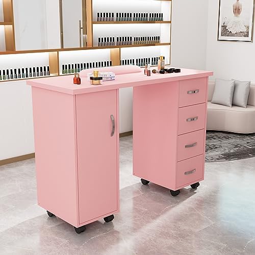 LEADZM Nail Desk for Nail Tech with Storage Cabinet, Locking Wheels & Arm Rest, Mobile Manicure Table for Technician, Nail Station for Home Studio/Spa/Salon, 43.3" L x 31.5" H x 17.7" W (Pink) - Image 6
