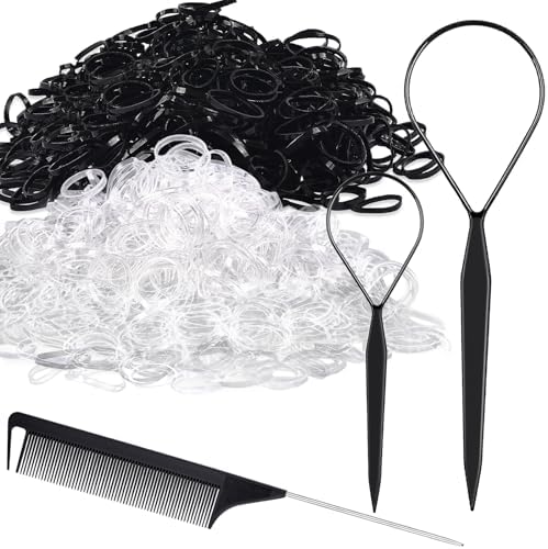 Topsy Tail Hair Styling Set, IKOCO - 1000pcs Hair Elastics (500 Clear, 500 Black), 2 Loop Tools, 1 Rat Tail Comb by Shineforyourbeauty