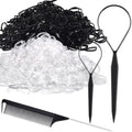 Topsy Tail Hair Styling Set, IKOCO - 1000pcs Hair Elastics (500 Clear, 500 Black), 2 Loop Tools, 1 Rat Tail Comb by Shineforyourbeauty