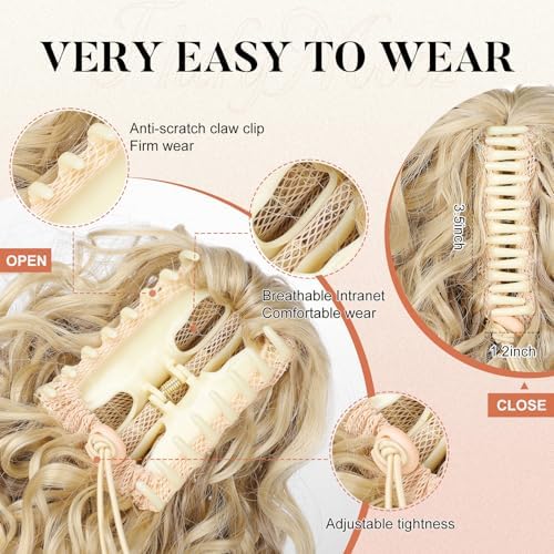 Flufymooz Ponytail Extension, 12" Short Claw Ponytail Extension Wavy Curly Jaw Clip in Pony tails Hair Extension Natural Synthetic Hairpiece for Women (Ash Blonde with Highlight) - Image 4
