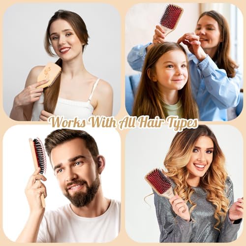 URTHEONE Hair Brush,Boar Bristle Hair Brushes and Hair Comb Set for Women Men Kids, Best Natural Wooden Paddle Hairbrush for Wet or Dry Hair - Image 4