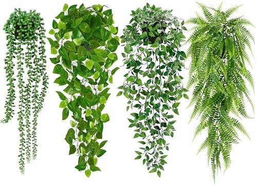 Palonu Artificial Hanging Plants for Shelf, 4 Pack Fake Potted Greenery Plant Faux Mandala Vine, String of Pearls, Ivy Vine,Persian Grass Fern in Pot for Desk Home Bathroom Farmhouse Room Table Decor by Palonu