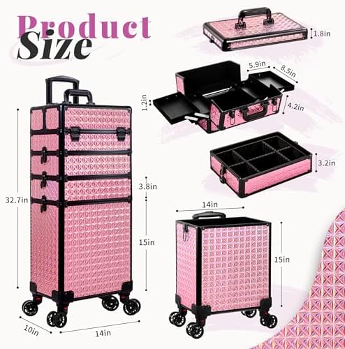 AROUS 5 in 1 Rolling Makeup Train Case with Lid Cosmetology Case on Wheels - Image 4