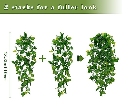 BLEUM CADE Fake Hanging Plants, 2pcs Artificial Pothos Vines Faux Plants Greenery for Wall Home Living Room Office Indoor Outdoor Decor (No Baskets) - Image 2