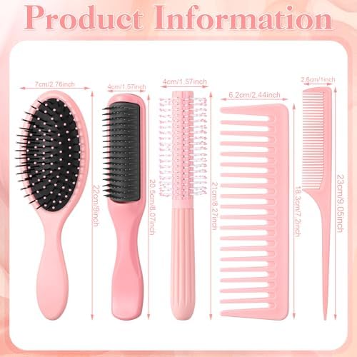 5Pcs Pink Hair Brushes for Women Hair Comb Set Detangler Brush for Men and Women Wet, Dry, Curly and Straight Hair - Image 2