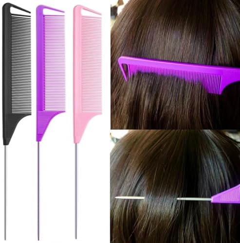 Luumxai 9pcs Topsy Hair Tail Tool and rat tail comb set,6pcs French Braiding Tool ring,3Pcs Metal Parting Combs,Woman Girl Hair Styling (Pink,Purple, Black) - Image 5
