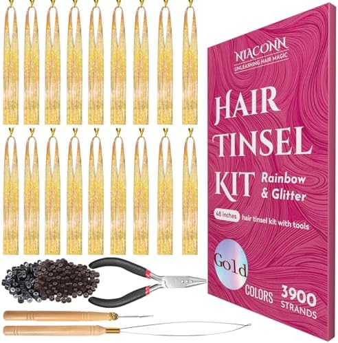 NIACONN Glitter Hair Tinsel Extensions Kit Gold with Tools and Beads, 48 Inch Sparkly Fairy Colorful Tensile Strands Shiny Hair Accessories for Women Girls Kids by NIACONN